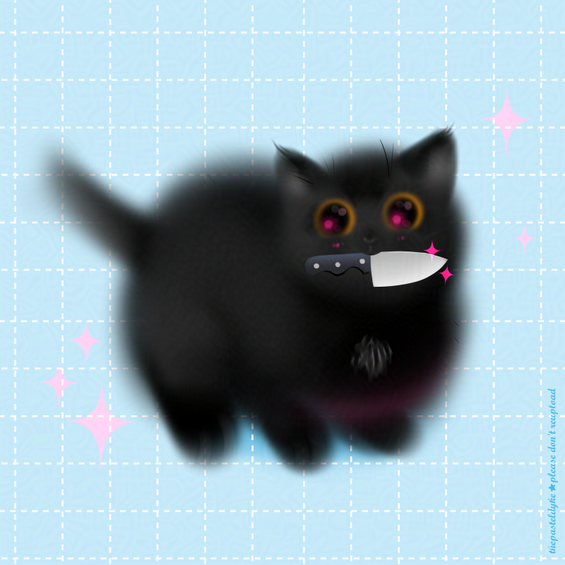 A digital drawing of black cat with white hairs on its chest, drawn mostly with an airbrush tool. The cat has a knife in its mouth, big wide eyes sparkling with pink highlights. Pink sparkles float by the blade of the knife. The background is pastel bue with a white grid and pastel pink sparkles.